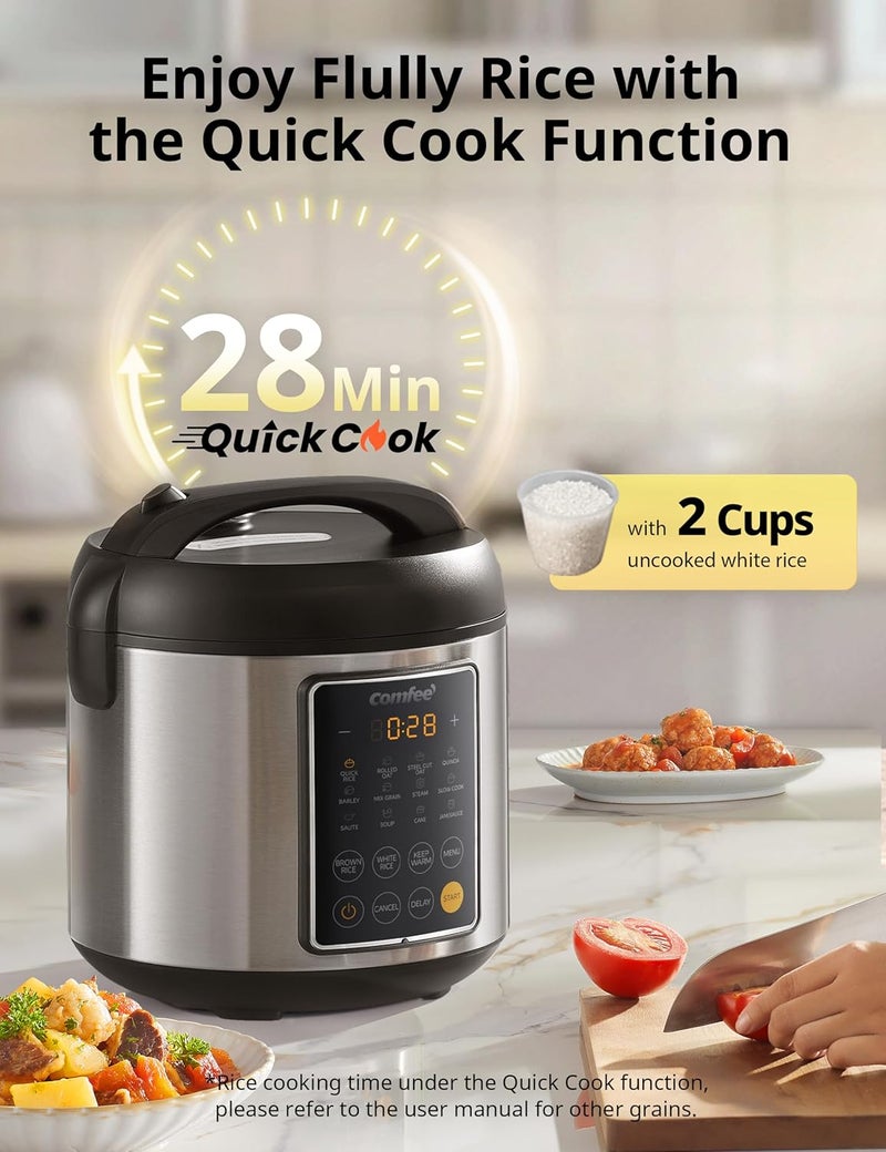 Comfee' طباخ أرز، 14 في 1 طباخ متعدد من الفولاذ المقاوم للصدأ، طباخ بطيء، بخار، قلي، وسخان، 5.3 QT، 20 كوب مطبوخ (10 أكواب غير مطبوخة)، أرز بني، كينوا ودقيق الشوفان - Image 3